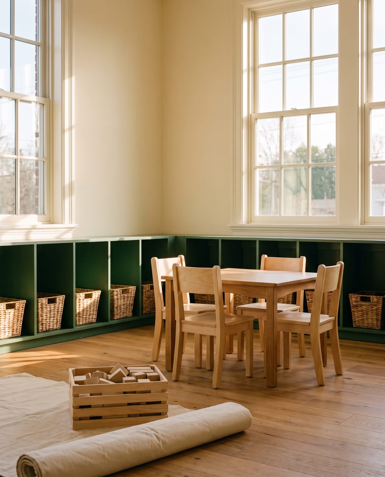 Empty classroom in warm morning light — low forest-green cubbies, oak activity table with three blonde-wood chairs, a rolled play mat and a crate of wooden blocks. No children or staff.