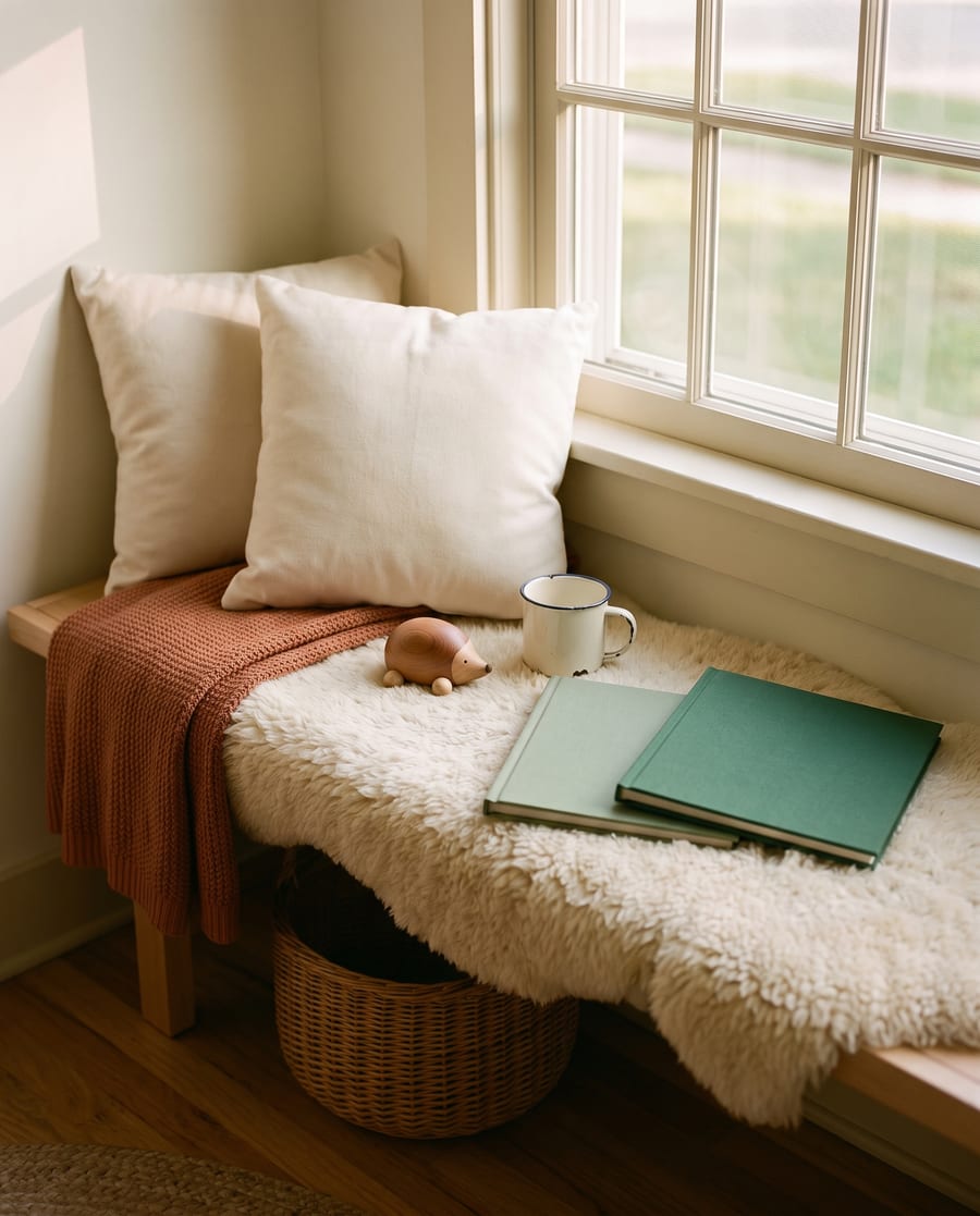A sunlit reading nook: sheepskin-covered bench under a paned window, ivory cushions, a folded clay-toned throw and two closed cloth picture books. No people.