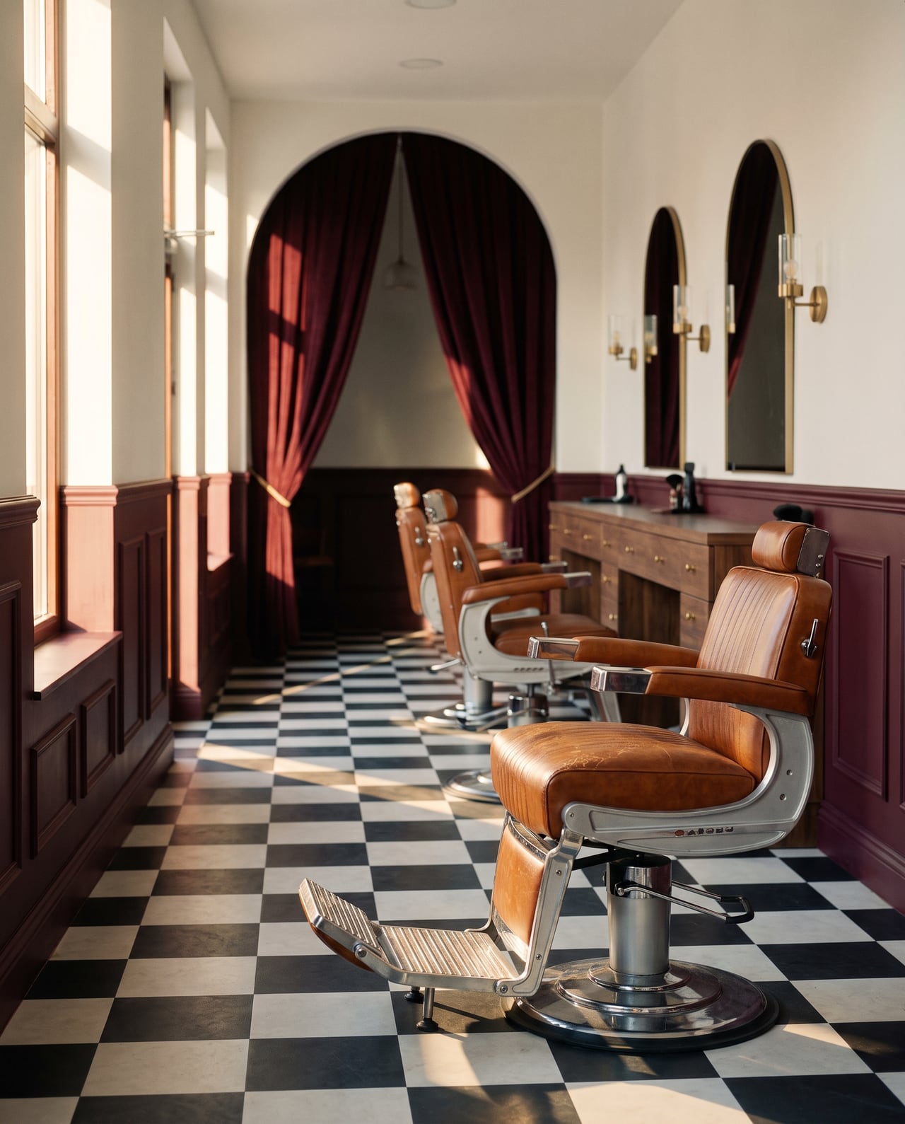 Empty Crown and Line studio with cognac barber chairs, burgundy arches, brass mirrors and a checkerboard floor in late-afternoon light.