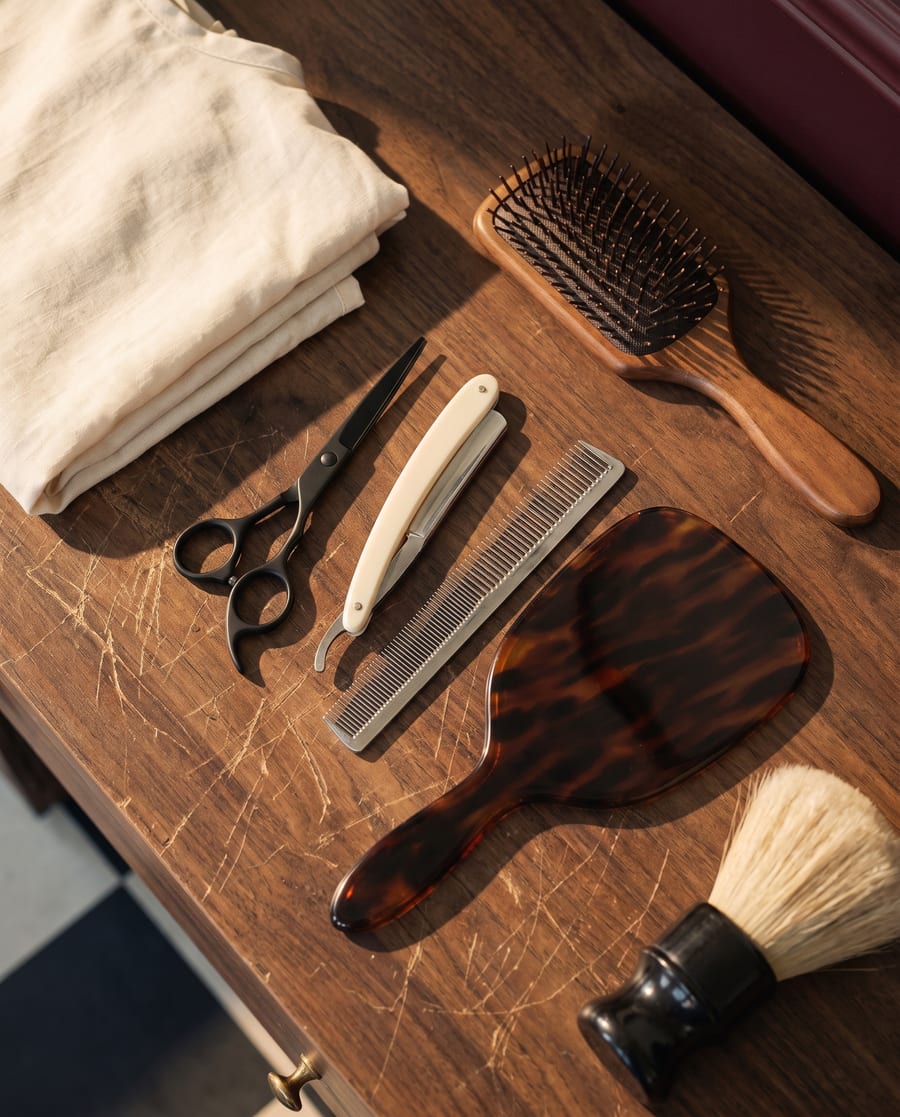 Shears, razor, comb, mirror and brush arranged on a walnut station.