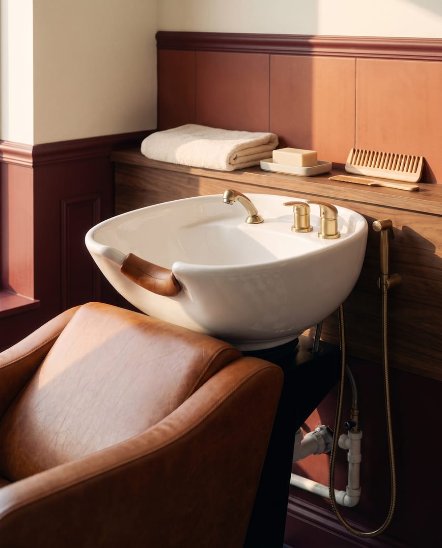 White shampoo basin and cognac chair against burgundy wainscoting.